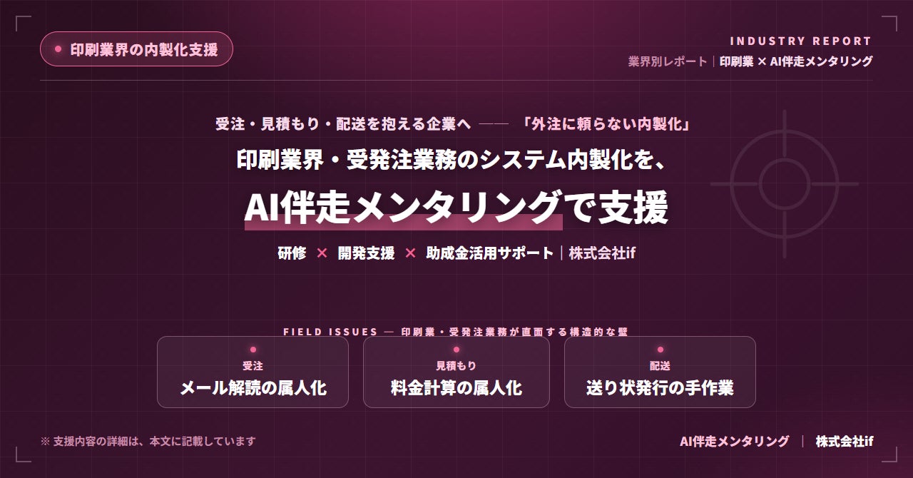 株式会社if、印刷業など受発注業務を持つ中小企業向けに『受注メール解析から配送手配まで』のAI内製化モデルを提示──伴走メンタリングと助成金活用で自社構築を支援