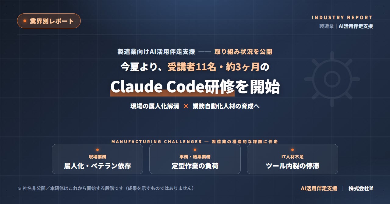 株式会社if、製造業の企業で受講者11名・約3ヶ月のClaude Code研修を2026年8月1日に開始決定──現場の属人化解消と業務自動化人材の育成を伴走支援